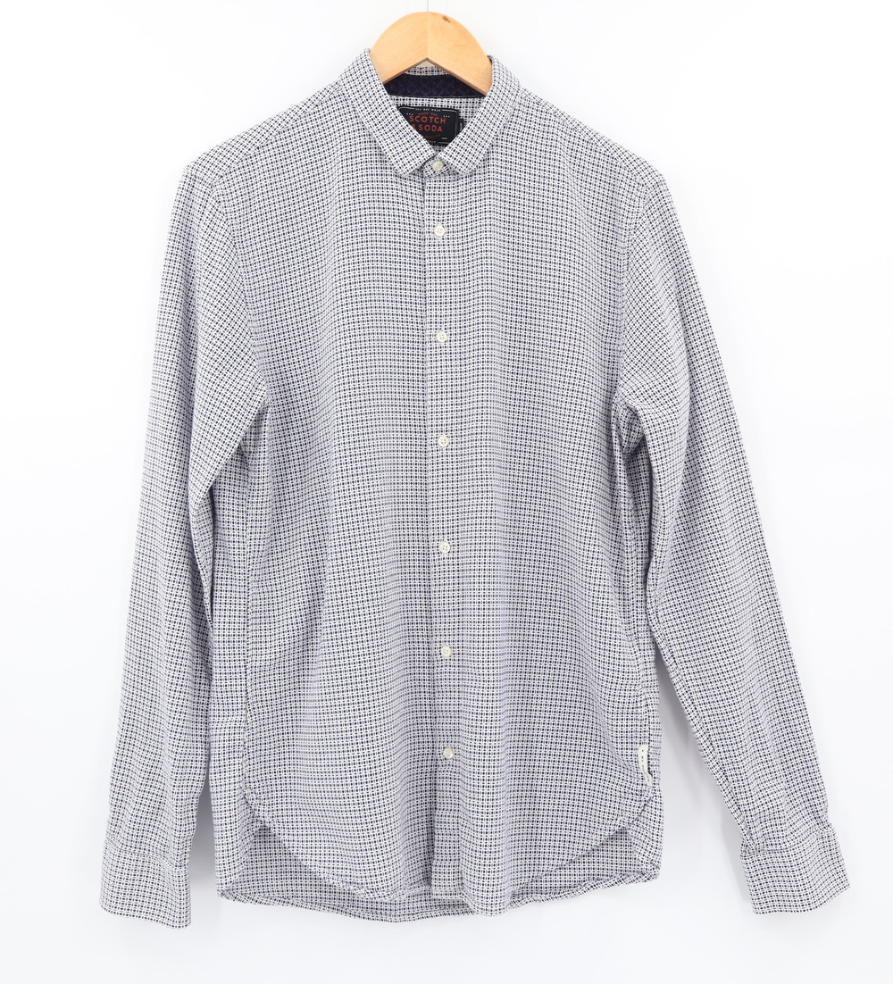 Scotch & Soda Sz L Long Sleeve Button Down Shirt White With Blue Print Cotton